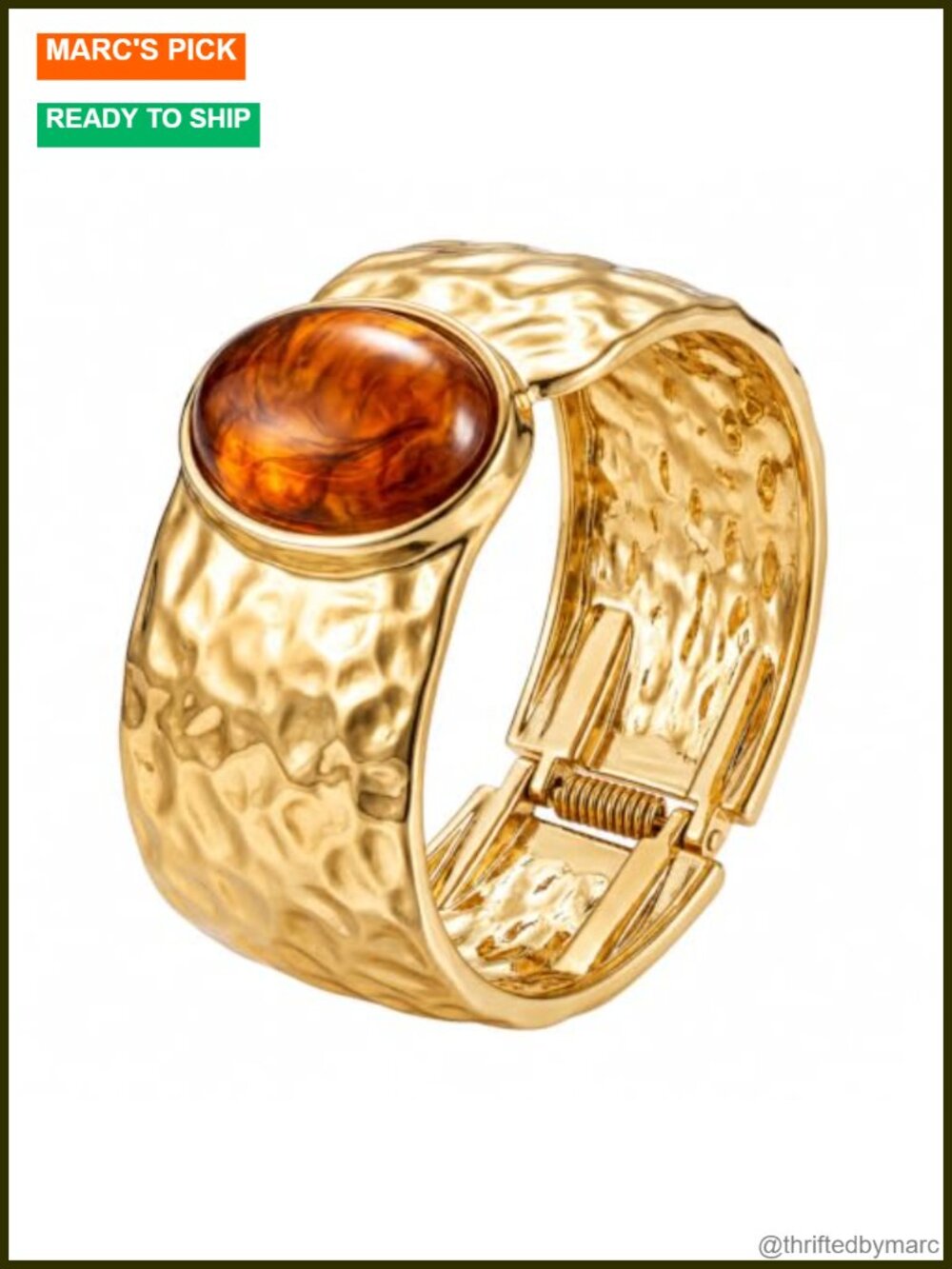 Wide Hammered Cuff Bracelet with Oval Resin Stone Hinged Open Bangle